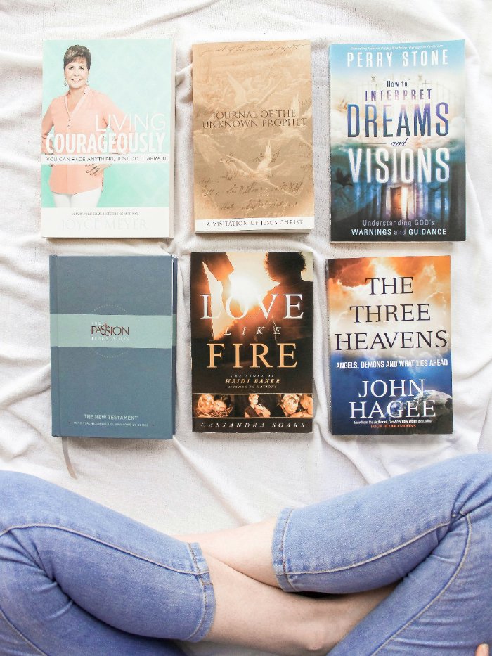 A selection of books on a bed